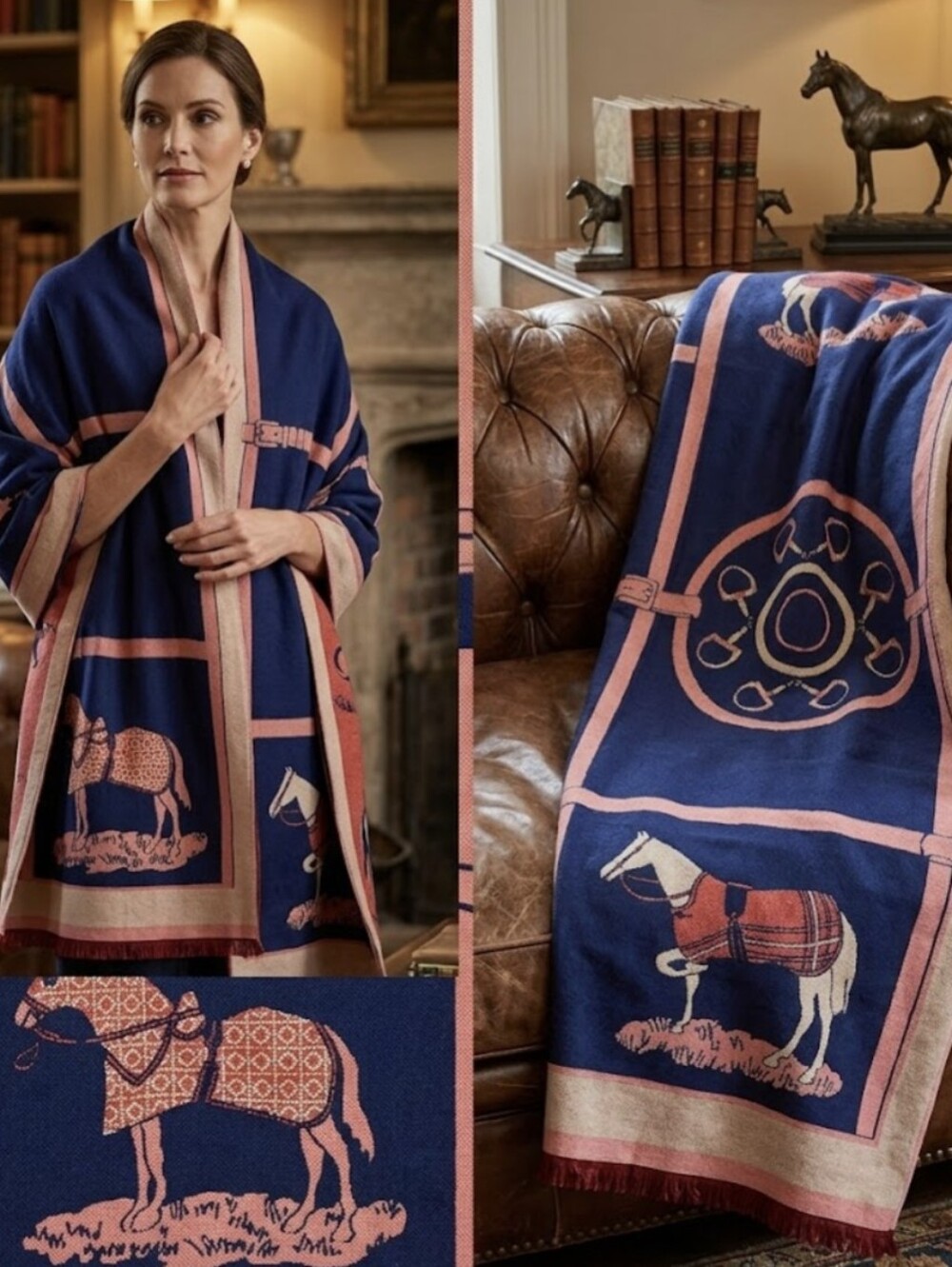 Equestrian Reversible Print Navy & Pink Wrap Scarf / Throw